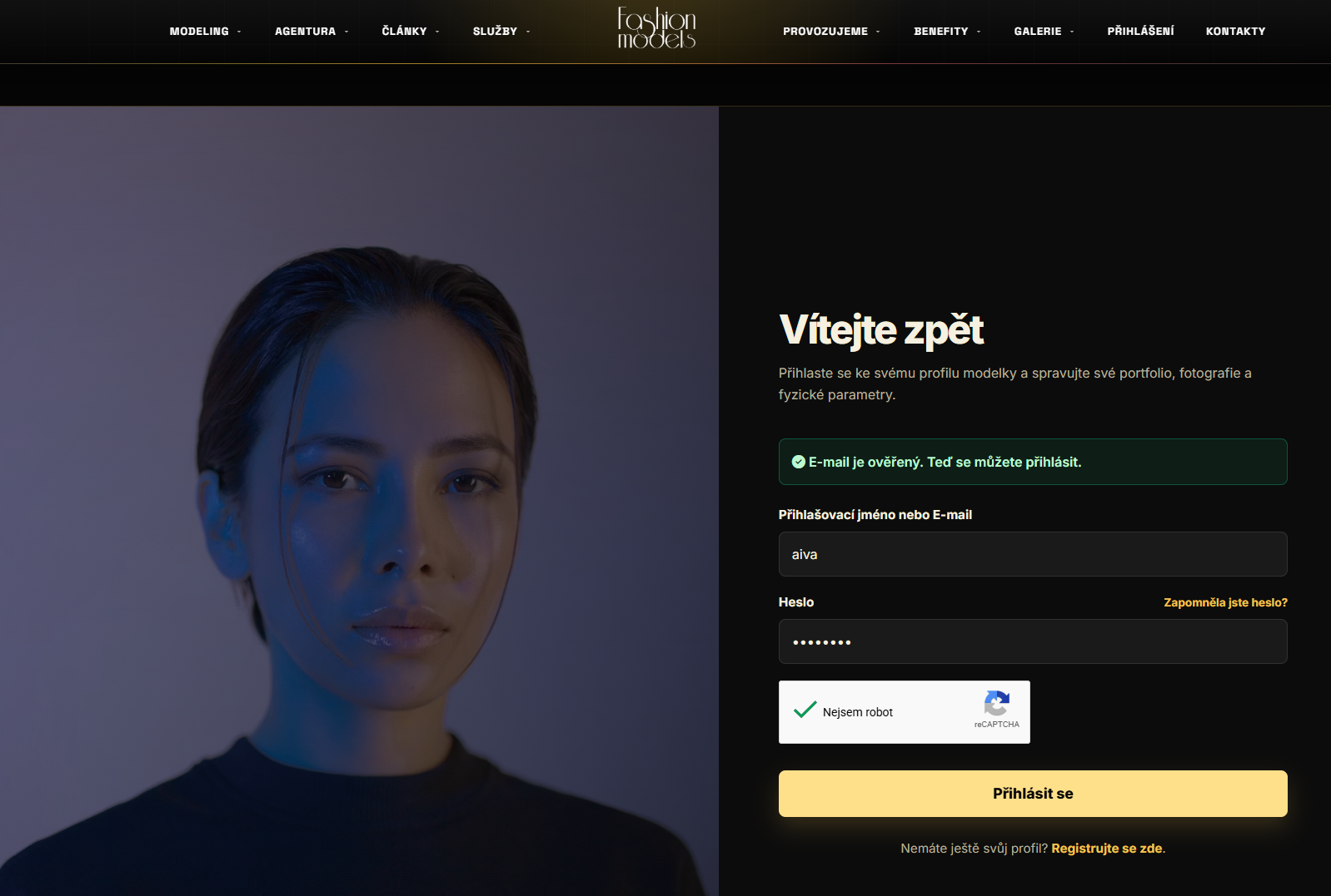 Přihlaste se do modelkovského účtu
